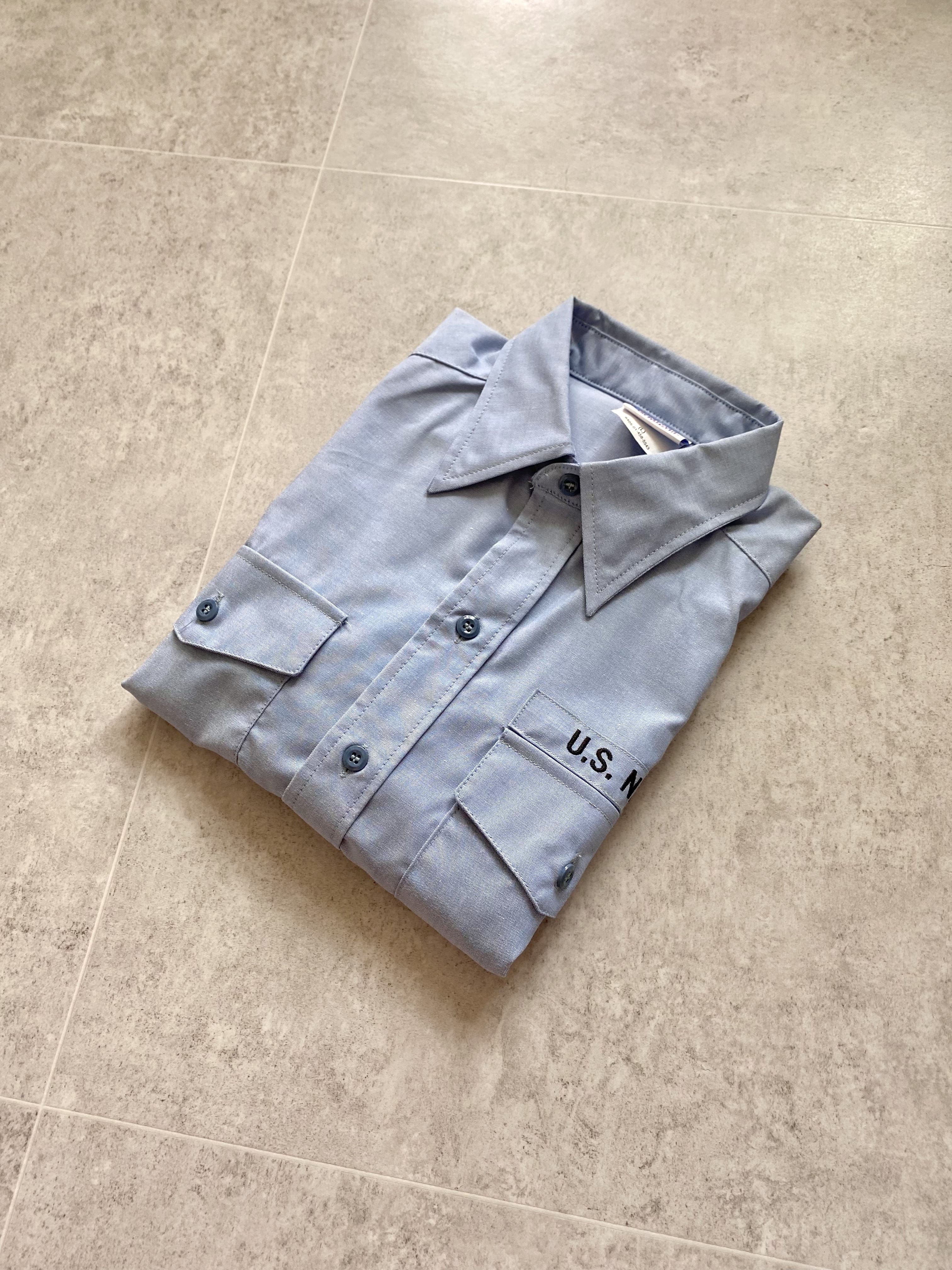 90&#039;s U.S. NAVY Chambray Short Slv Shirt L(100~105) - 체리피커
