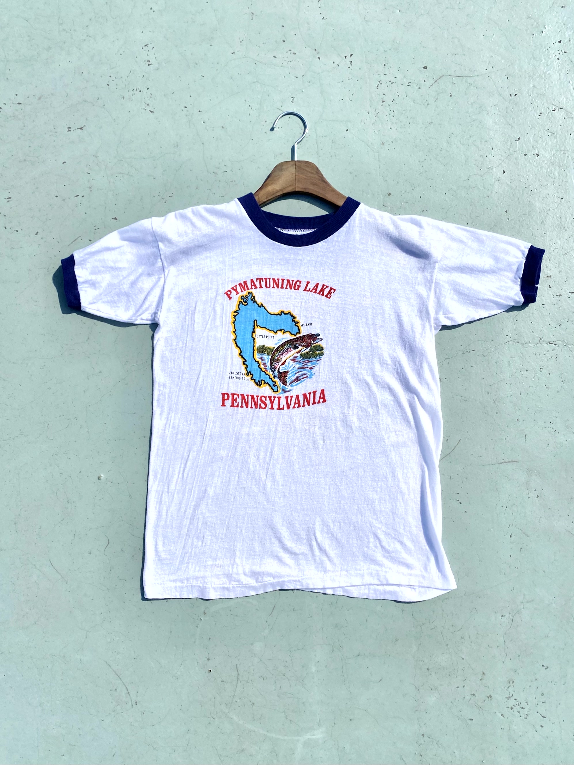 70&#039;s Vintage &#039;Pymatuning Lake Pennsylvania&#039; Print Ringer T-Shirt 55 1/2 Size - 체리피커